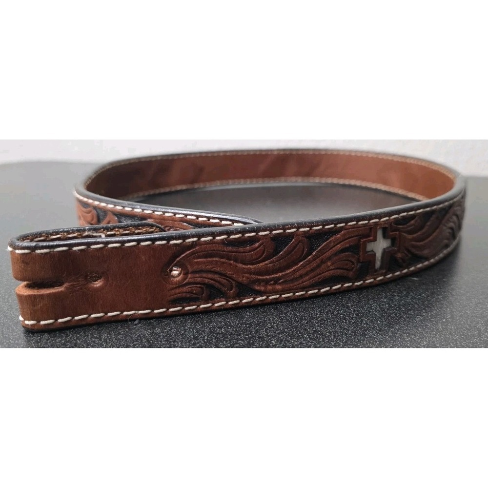 Ranger Belt Co. Tooled Brown Leather Belt Cowhide Inlay Crosses Kids 28 Rodeo
